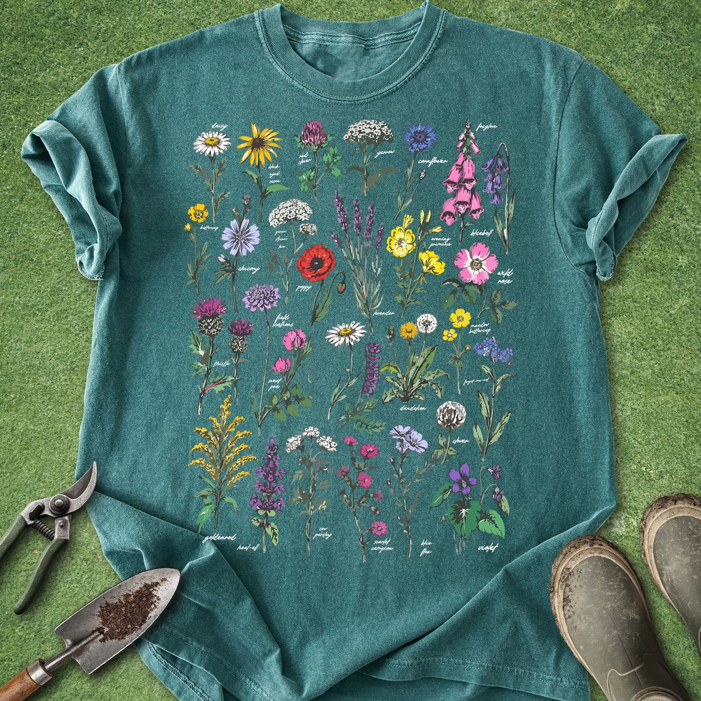 Teal t-shirt with floral illustrations on a grassy background