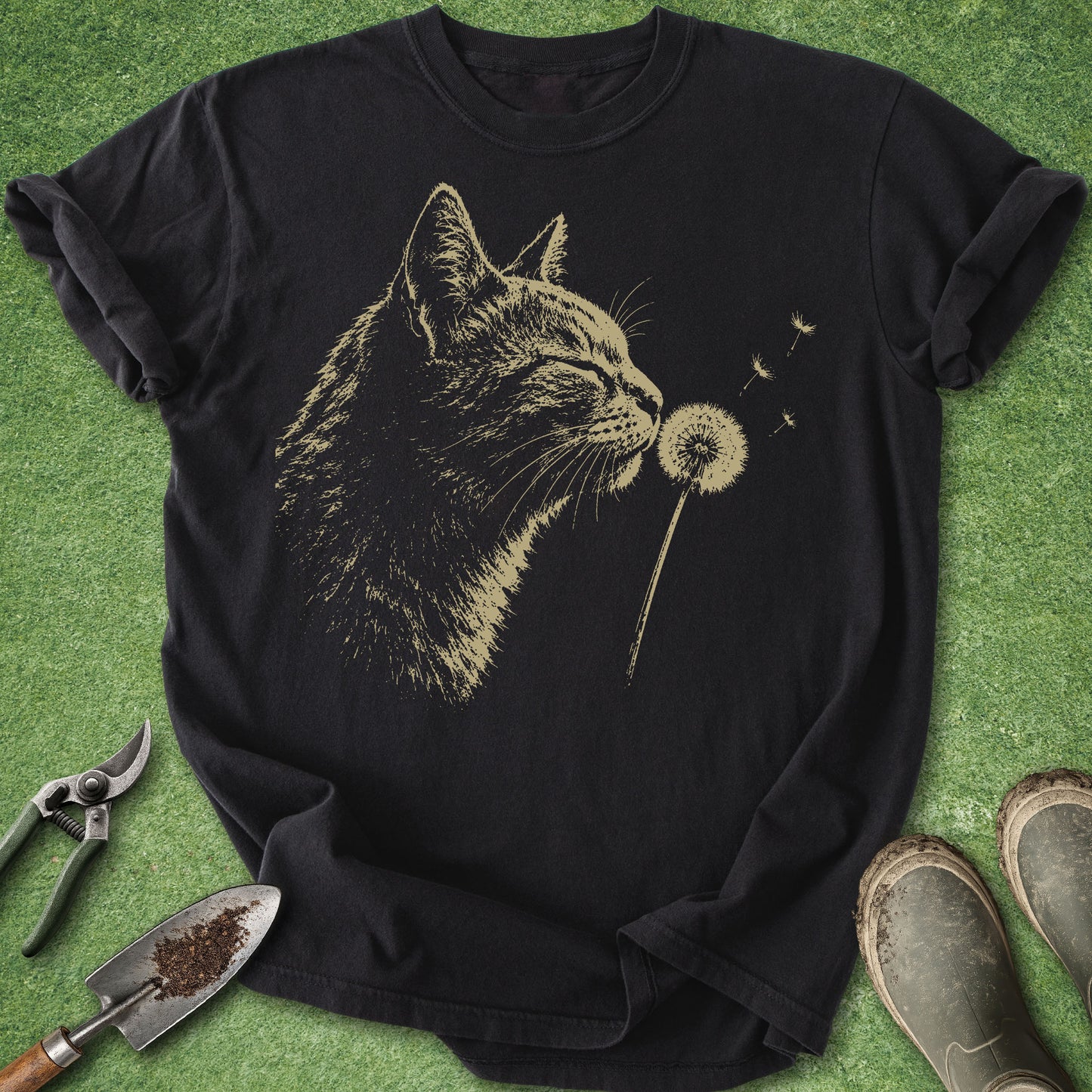 Black Comfort Colors t-shirt featuring a vintage-style illustration of a cat peacefully sniffing a fluffy dandelion with drifting seeds on a minimalist black background.