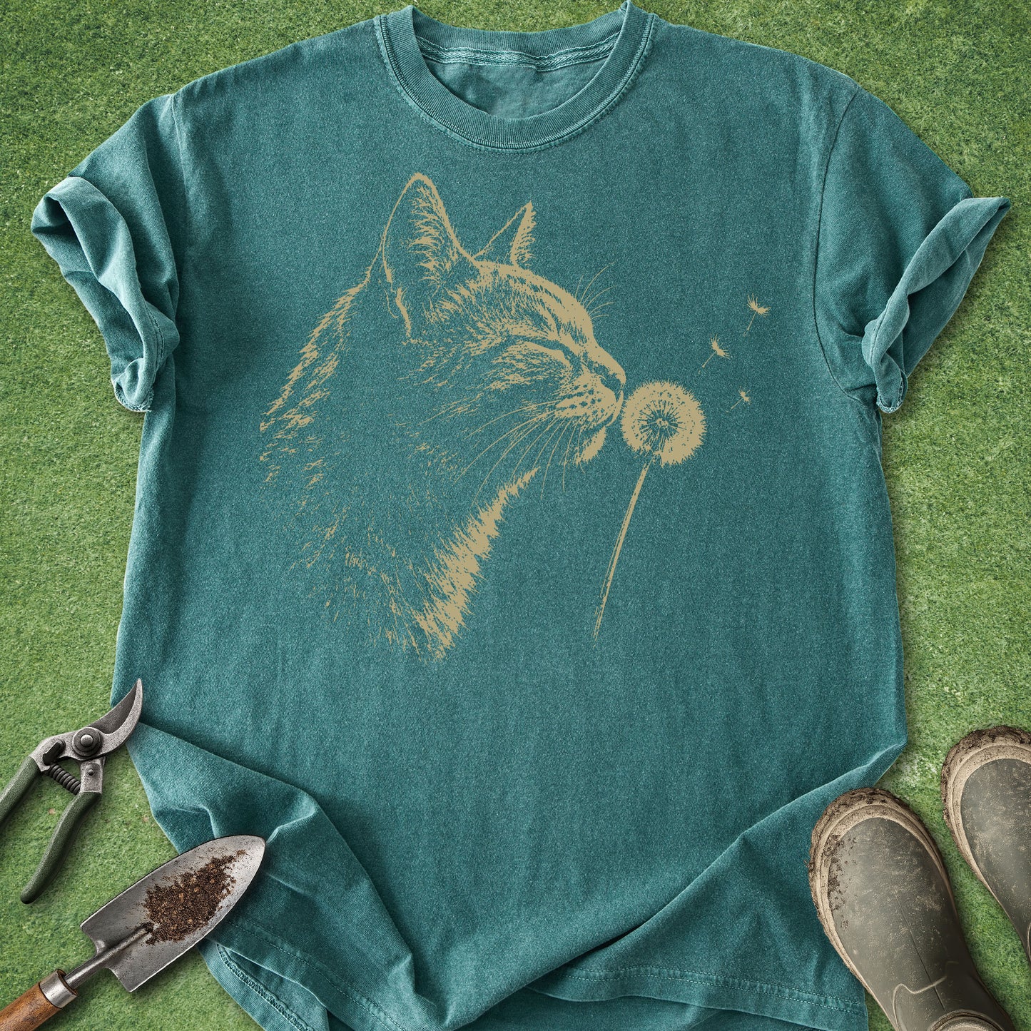 Teal t-shirt with a cat blowing on a dandelion graphic on a grassy background.