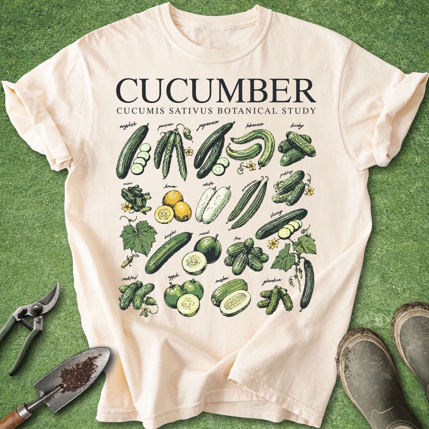 Ivory Comfort Colors t-shirt featuring a vintage botanical study of cucumber varieties including slicing, pickling, Persian, gherkin, heirloom, and specialty cucumbers illustrated in a scientific garden chart style.