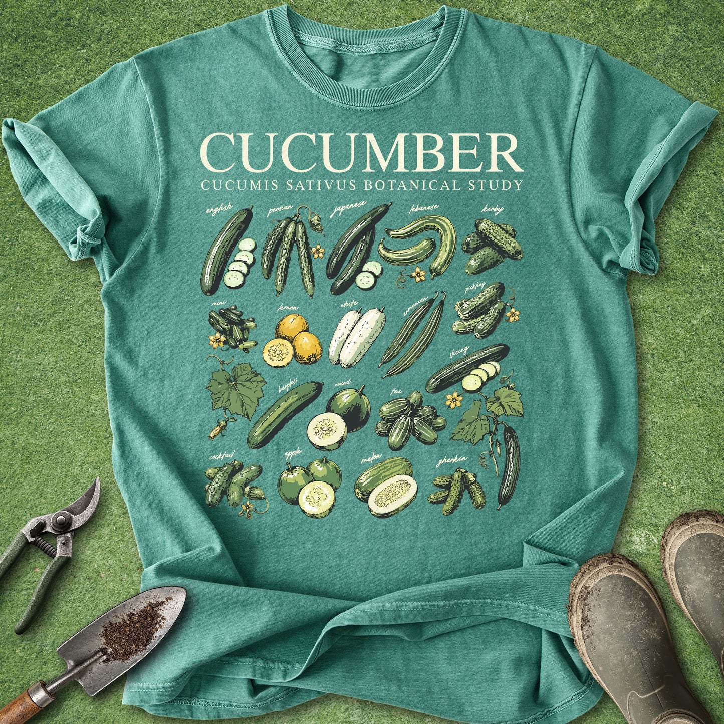 Teal t-shirt with cucumber illustrations on a green background