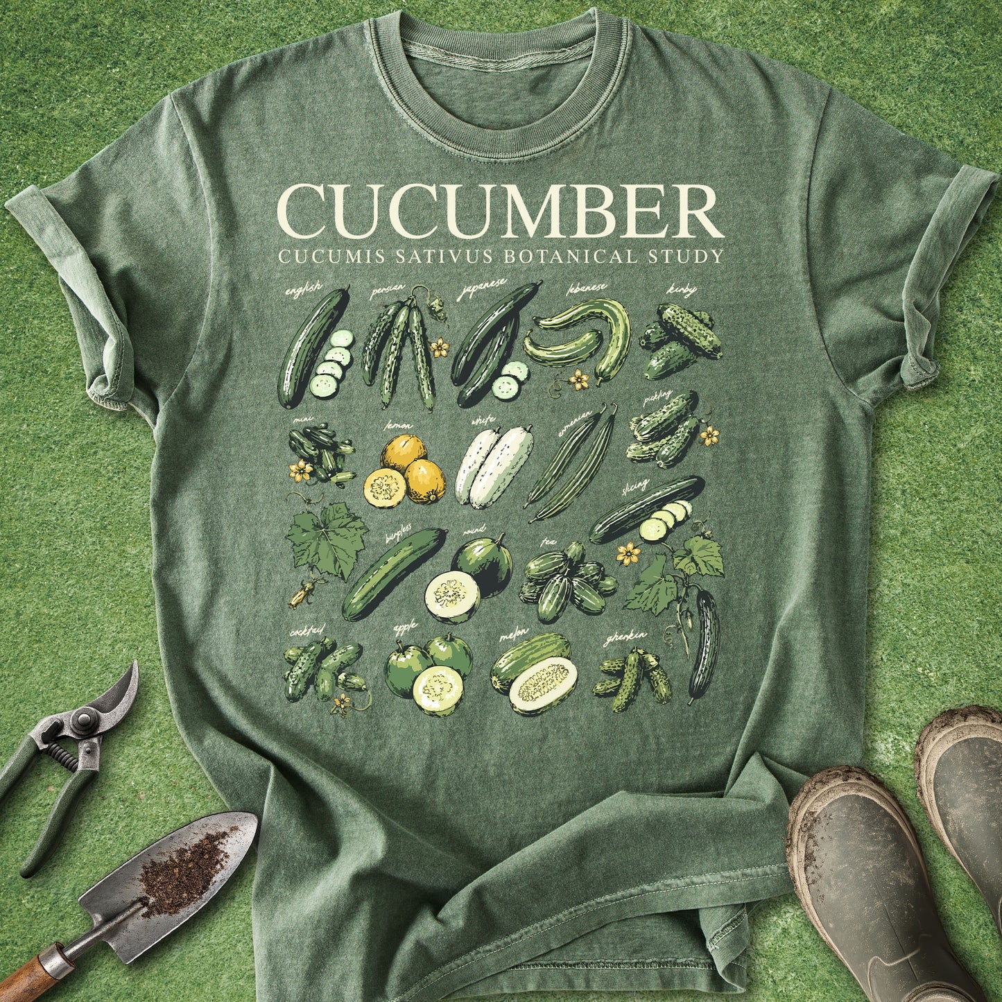 Green t-shirt with cucumber illustrations and text on a green background