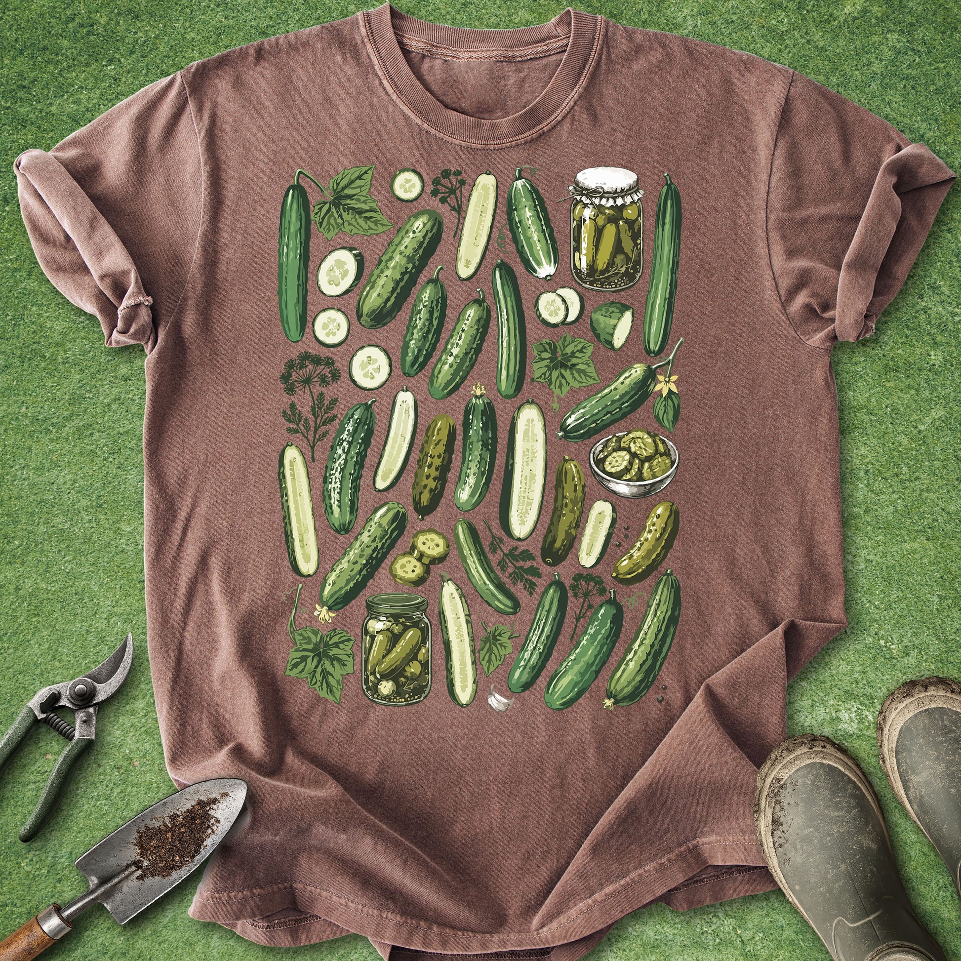 Brown t-shirt with cucumber graphic on a green background