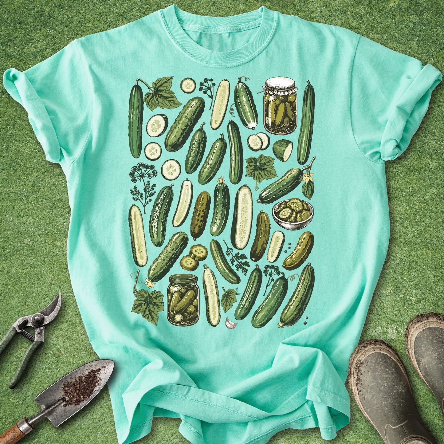 Teal t-shirt with cucumber design on a green background