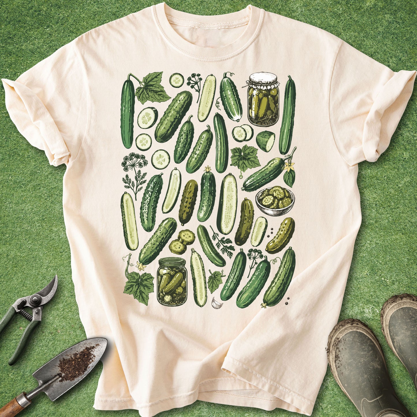 Beige t-shirt with cucumber illustration on a green background