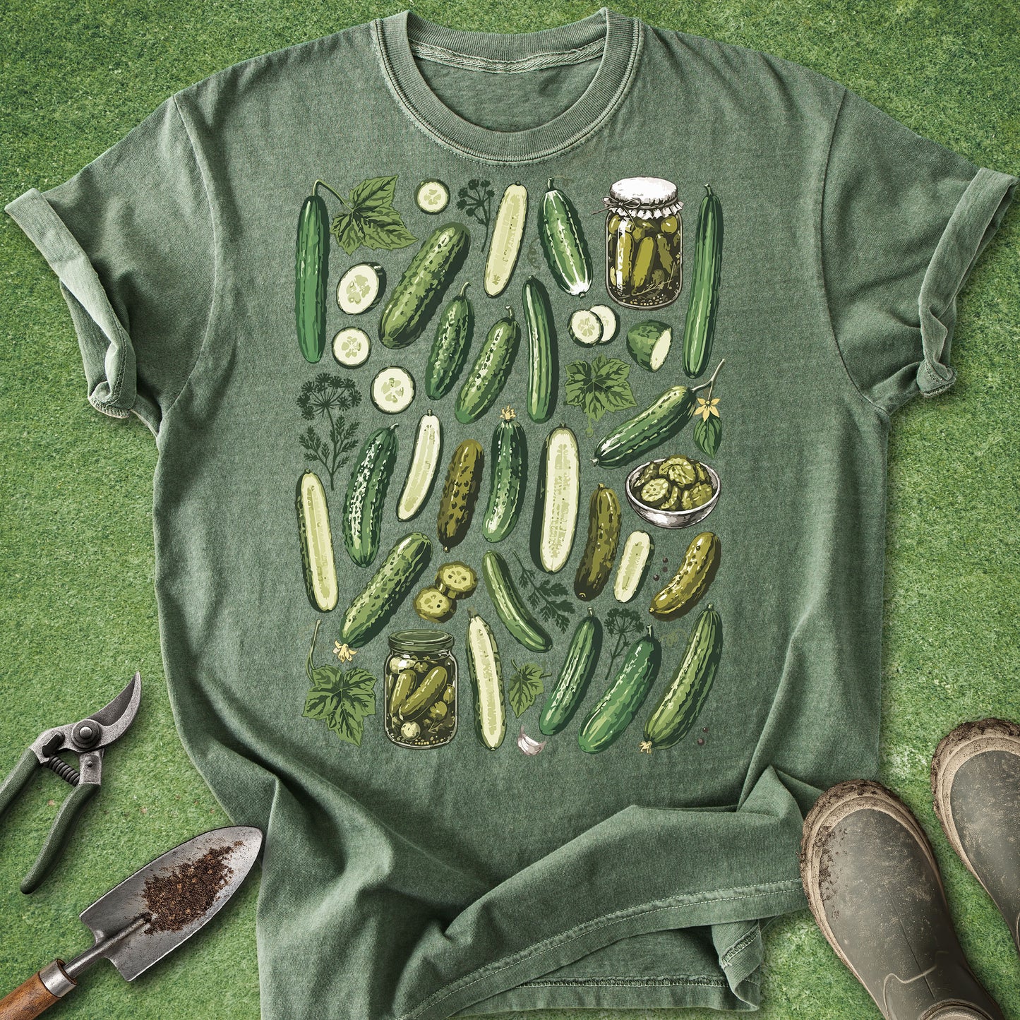 Moss green Comfort Colors t-shirt featuring a vintage botanical collage of cucumbers, sliced cucumbers, pickles, dill, mason jars, and pickling ingredients arranged across the front.