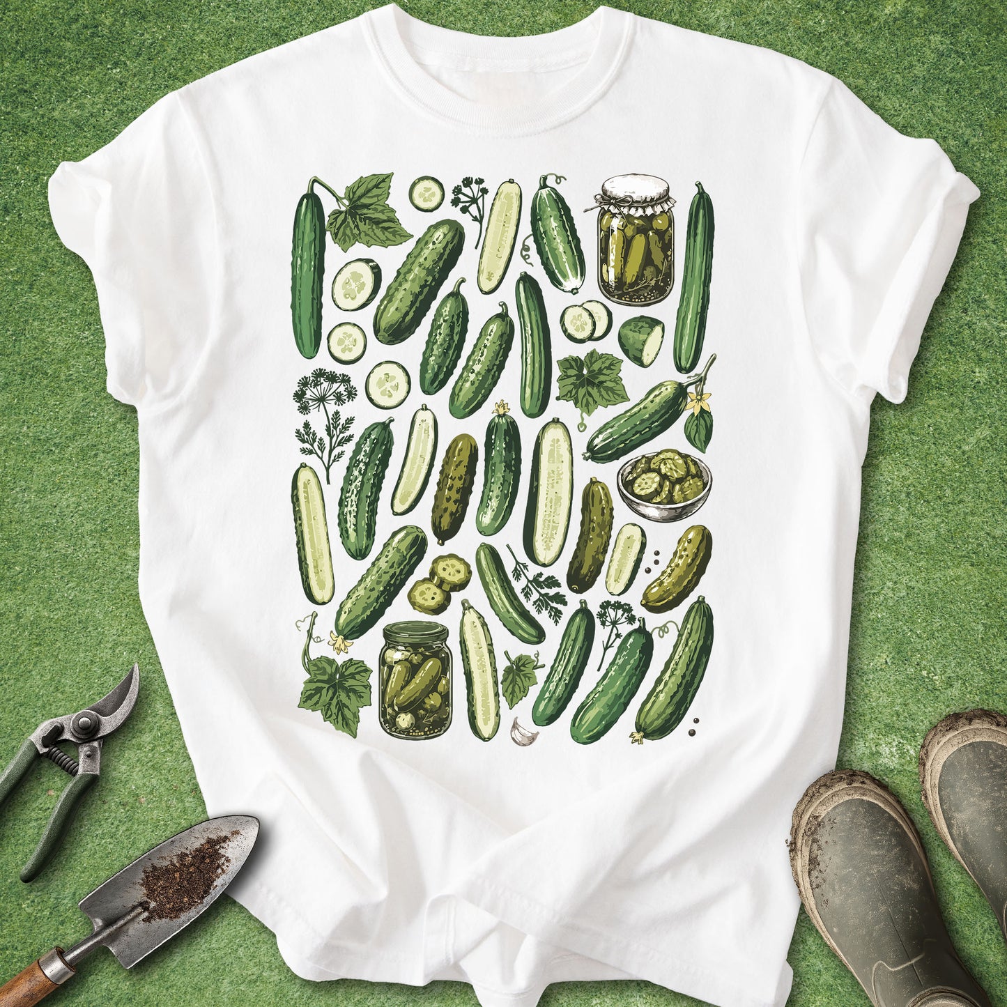 White t-shirt with cucumber graphic on a green background