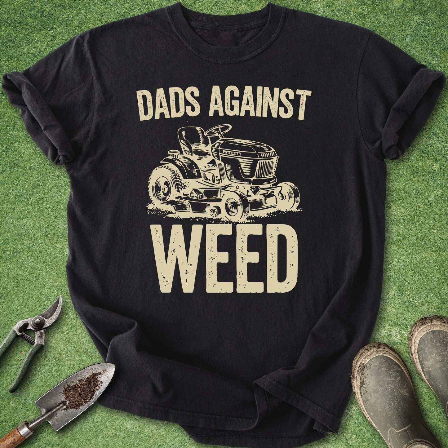 Black t-shirt with 'Dads Against Weed' graphic on a green background