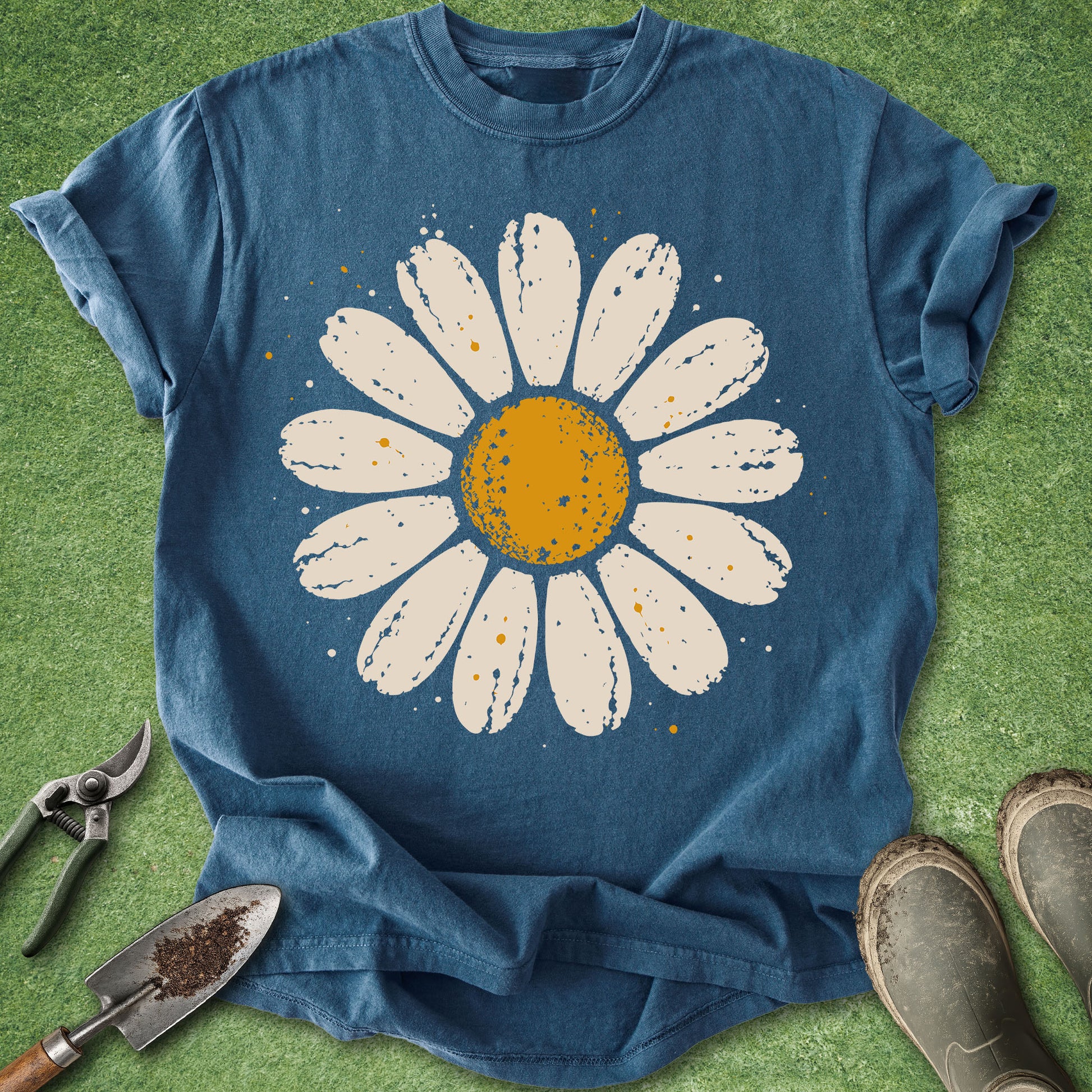 A blue short-sleeve crewneck t-shirt featuring a large distressed white daisy with a yellow-orange center, laid flat on green grass with gardening tools and boots nearby.