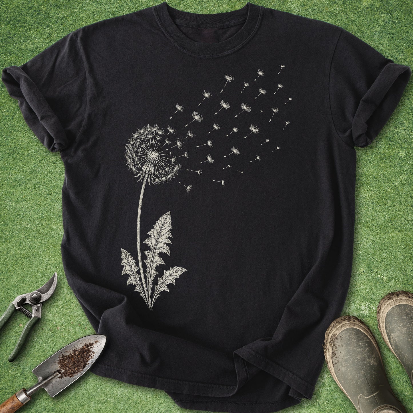 Black gardening t-shirt featuring a vintage dandelion illustration with seeds blowing in the wind