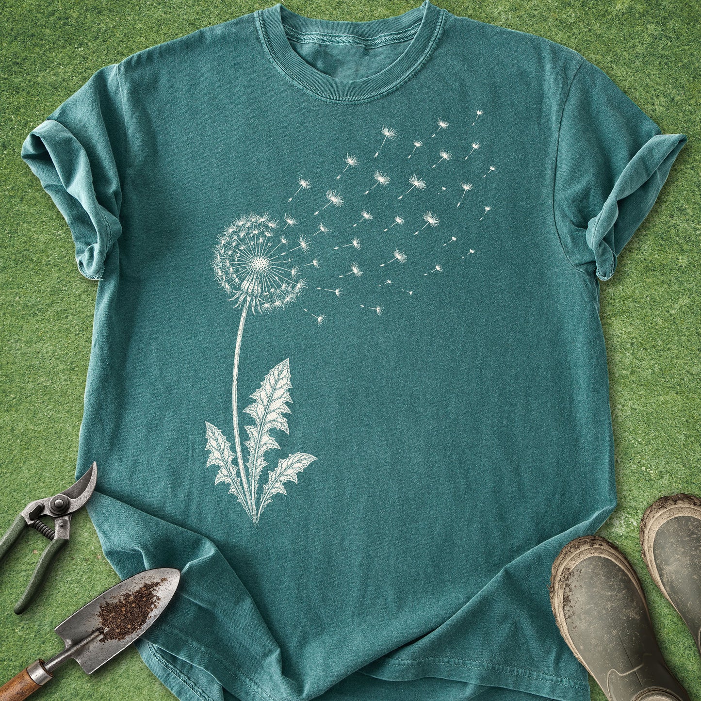 Teal t-shirt with a white dandelion graphic on a grass background
