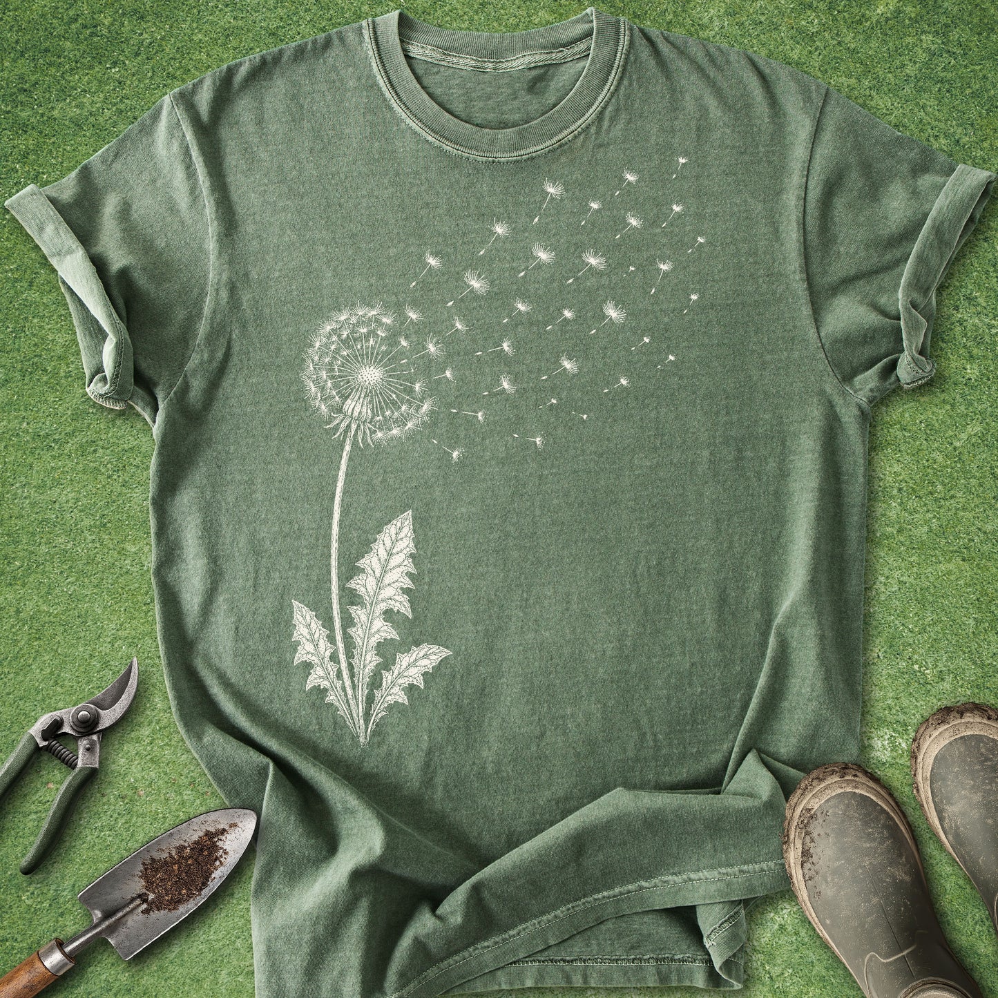 Green t-shirt with dandelion design on a grassy background