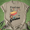 Beige t-shirt with gardening graphic and text on a green grass background