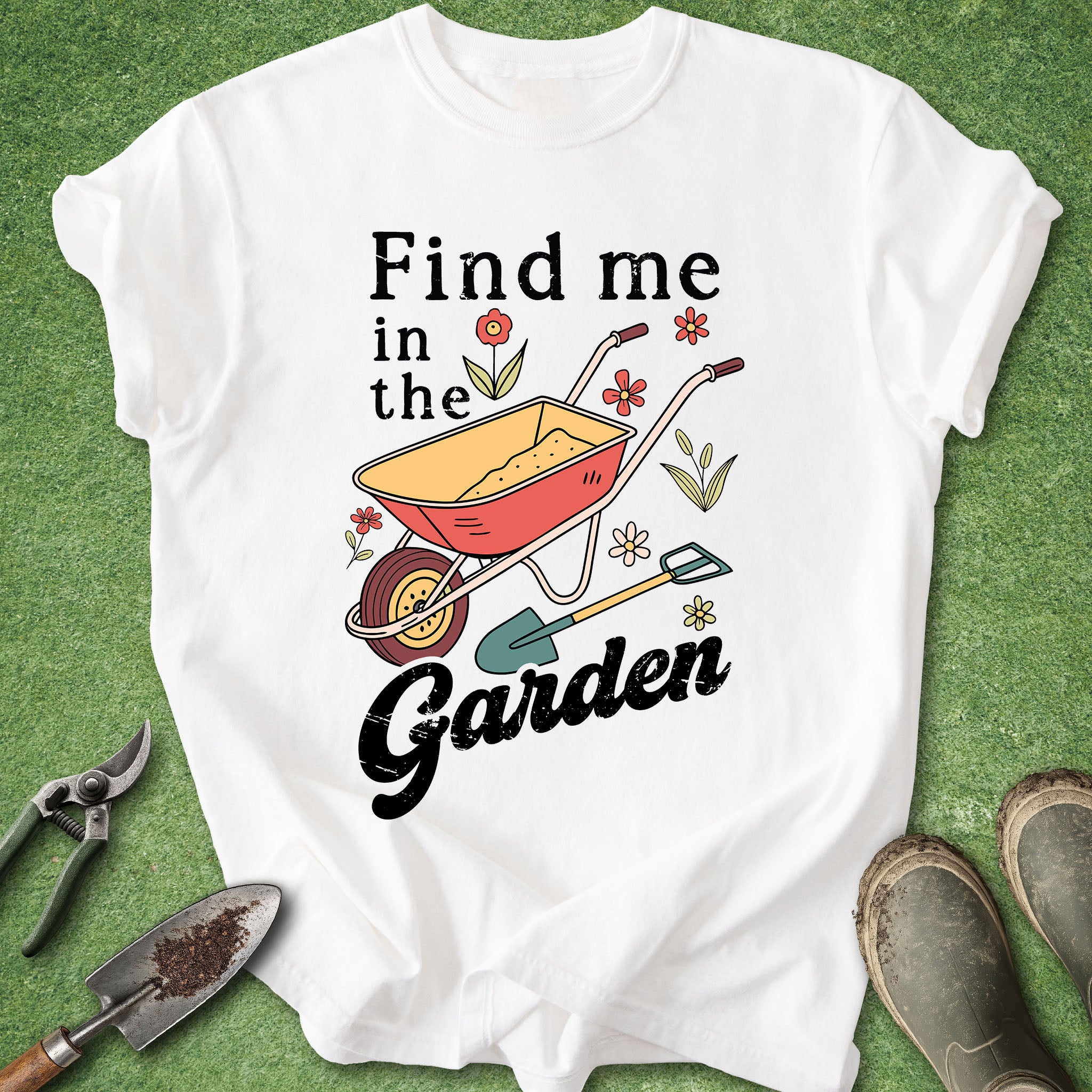 White t-shirt with gardening-themed design and text on a green background
