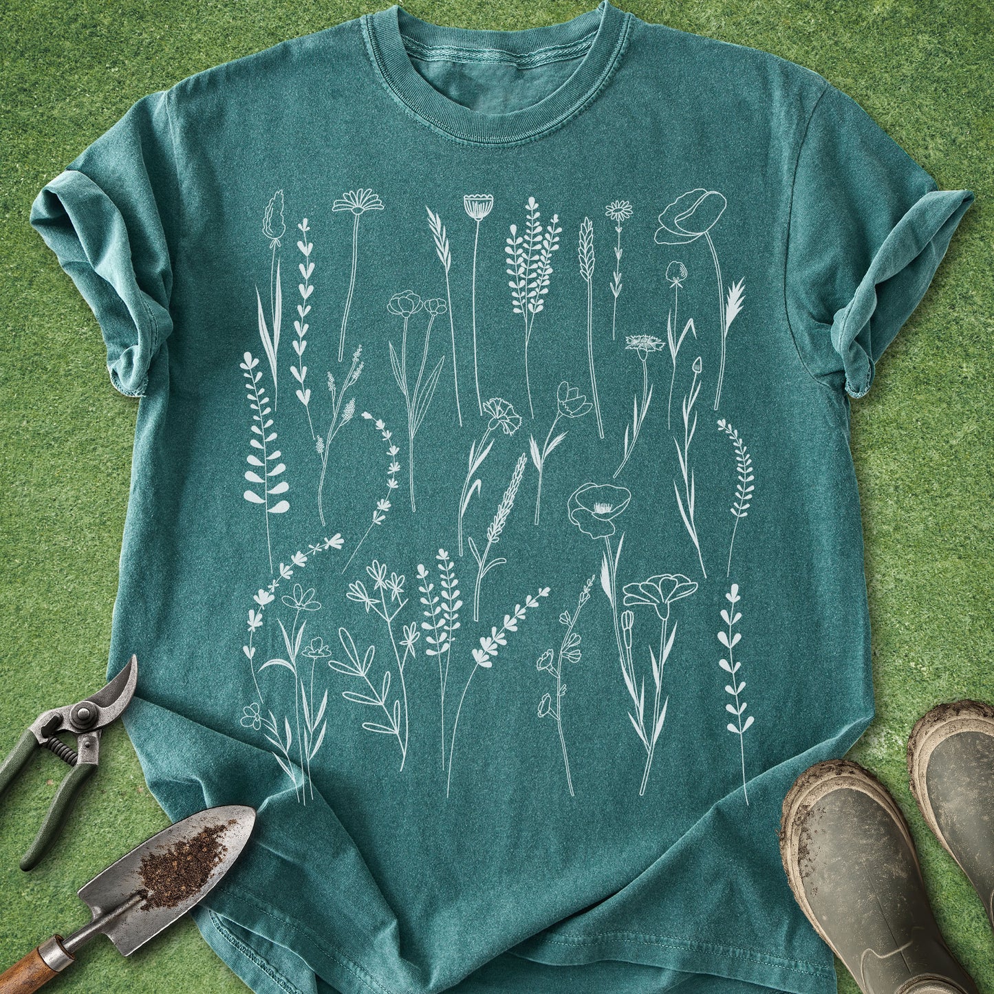 Teal t-shirt with white floral illustrations on a grassy background