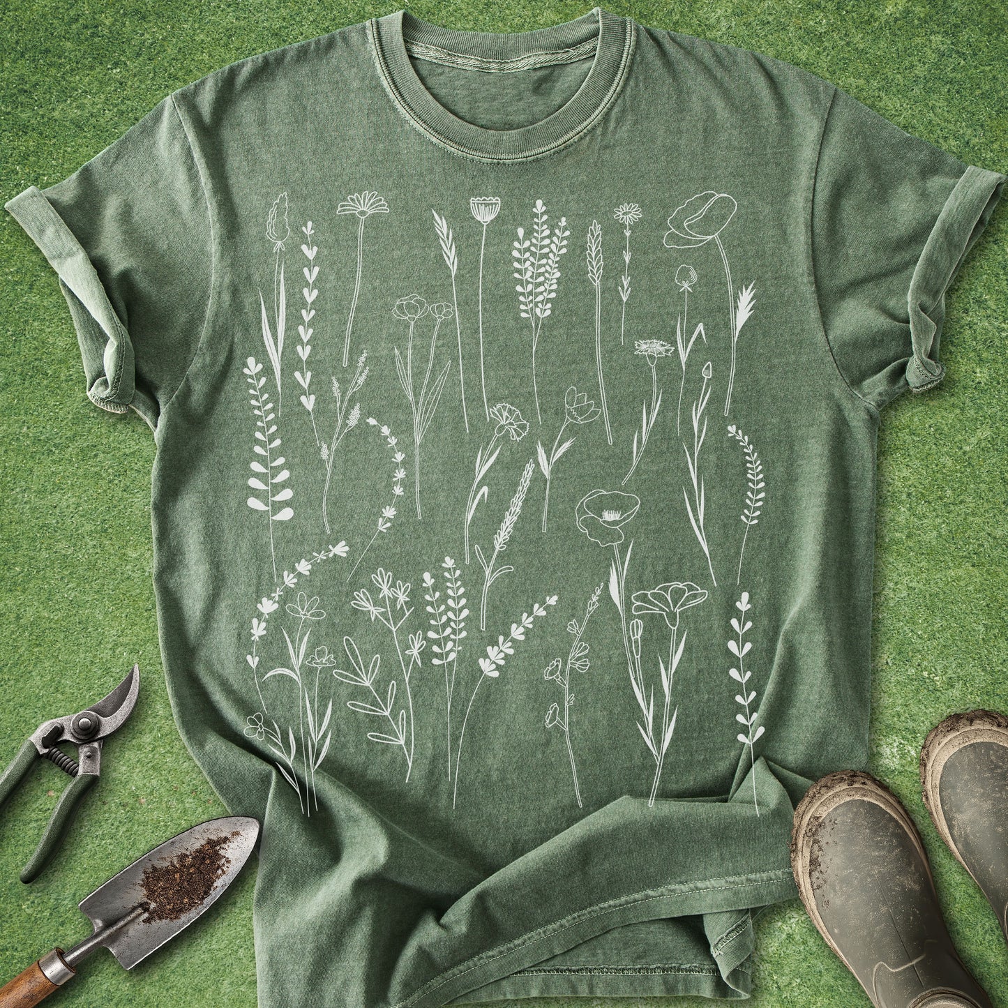 Green t-shirt with white floral design on a green background with gardening tools.