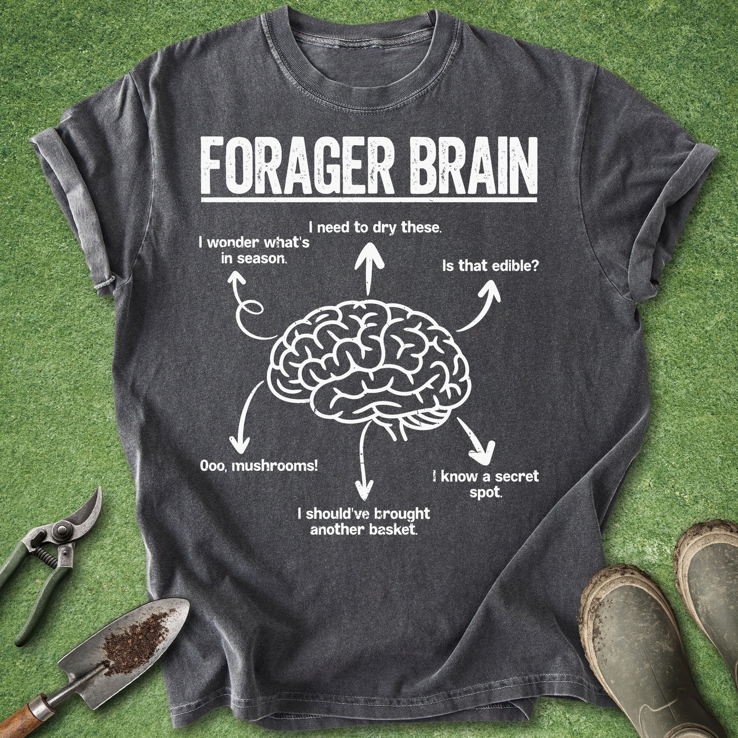 Gray t-shirt with 'Forager Brain' graphic on a grass background