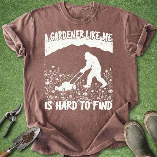 Brown Bigfoot gardening shirt with Sasquatch mowing wildflowers and funny gardener quote