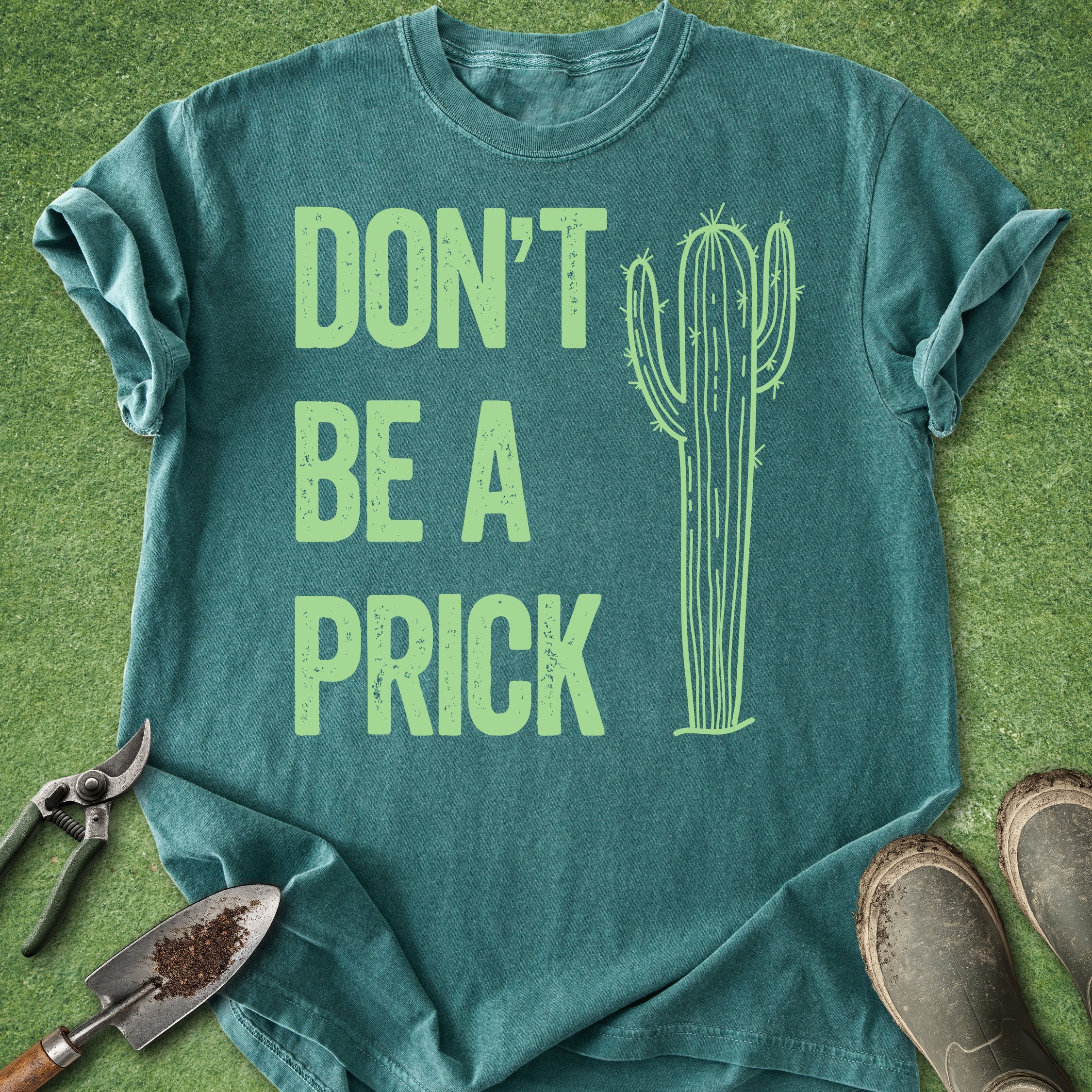 Teal t-shirt with cactus graphic and text 'DON'T BE A PRICK' on a grass background