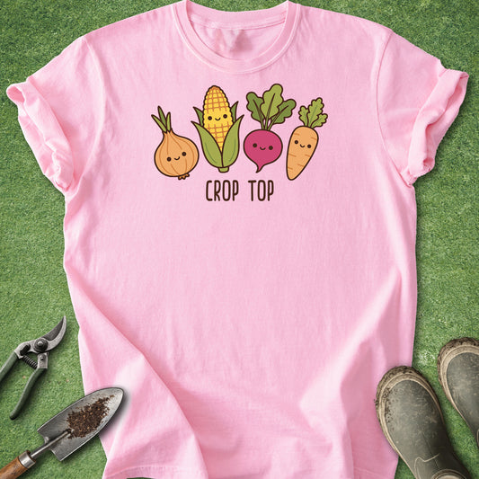 Pink t-shirt with vegetable graphics and 'Crop Top' text on a green background