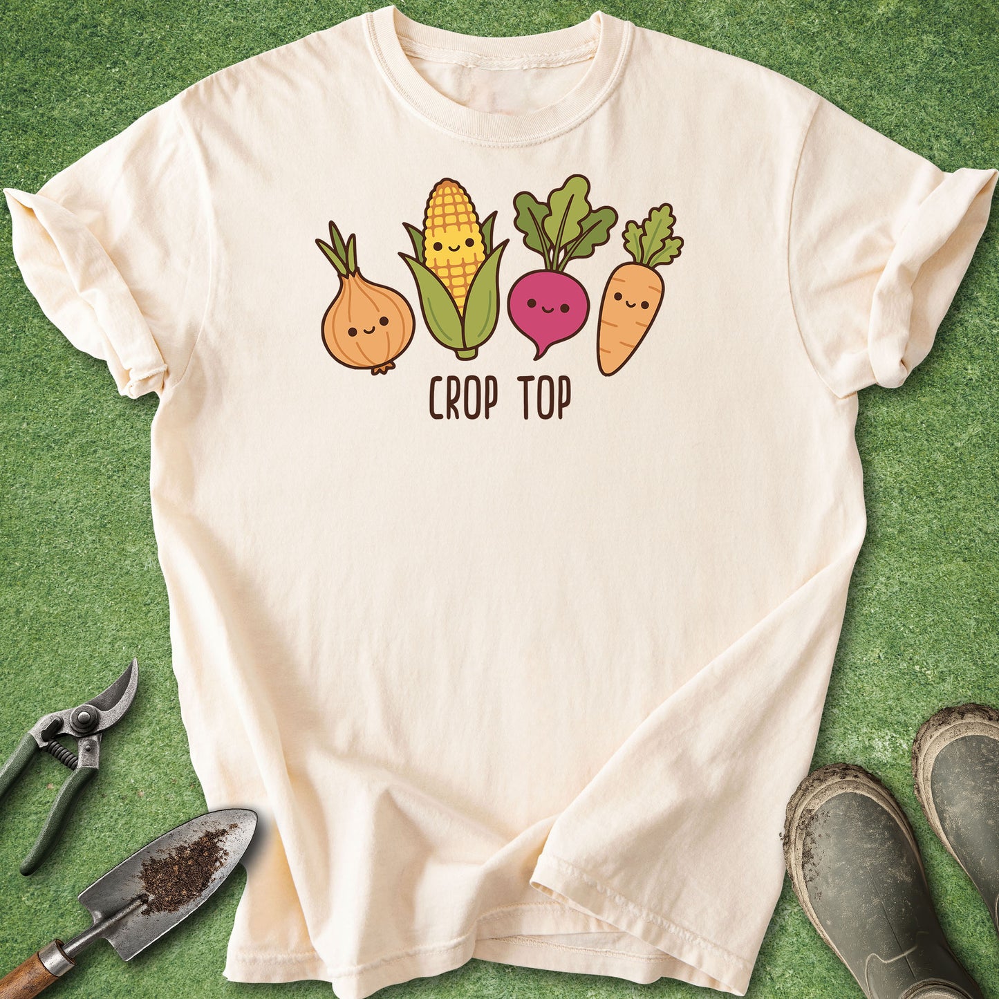 Cute vegetable gardening t-shirt with smiling onion, corn, beet, and carrot characters and the phrase Crop Top