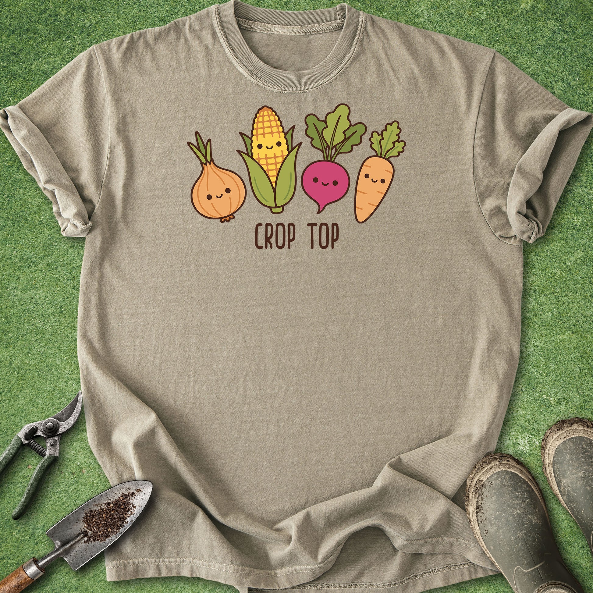 Beige t-shirt with cartoon vegetables and 'Crop Top' text on a green background