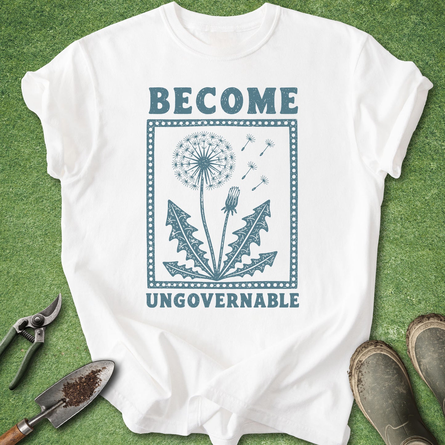 dandelion graphic shirt with bold text design