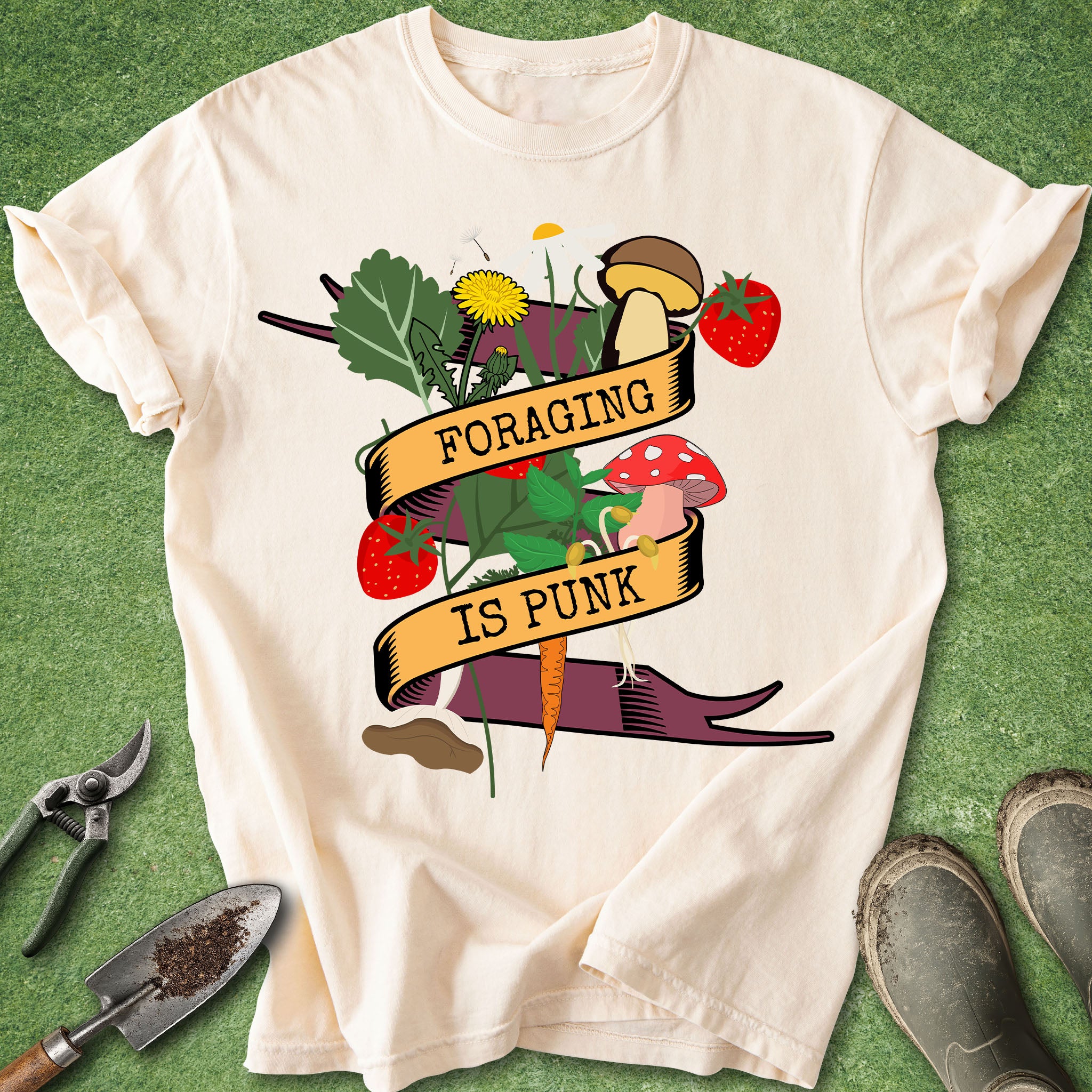 White t-shirt with 'Foraging is Punk' graphic on a green background