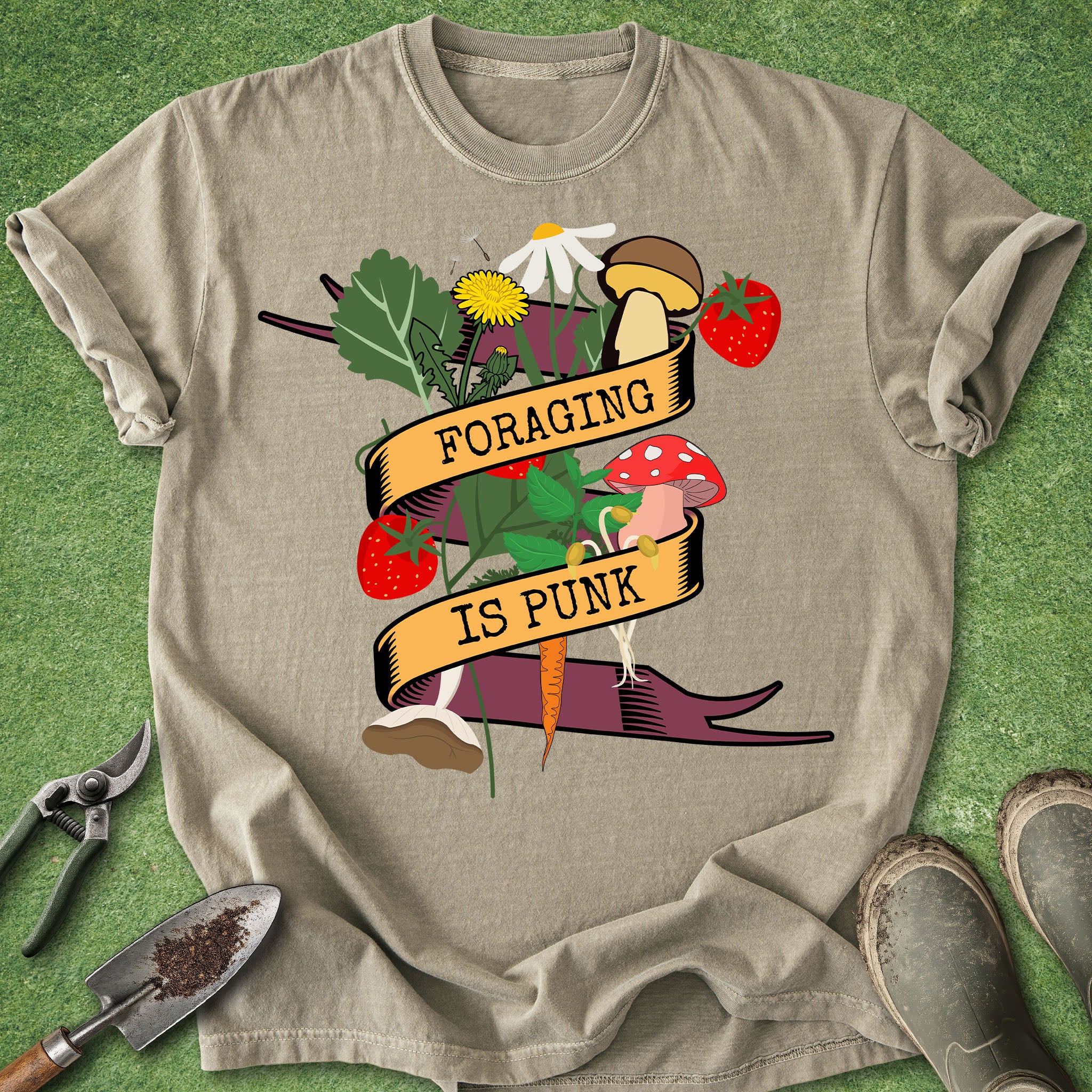 Beige t-shirt with 'Foraging is Punk' graphic on a green background