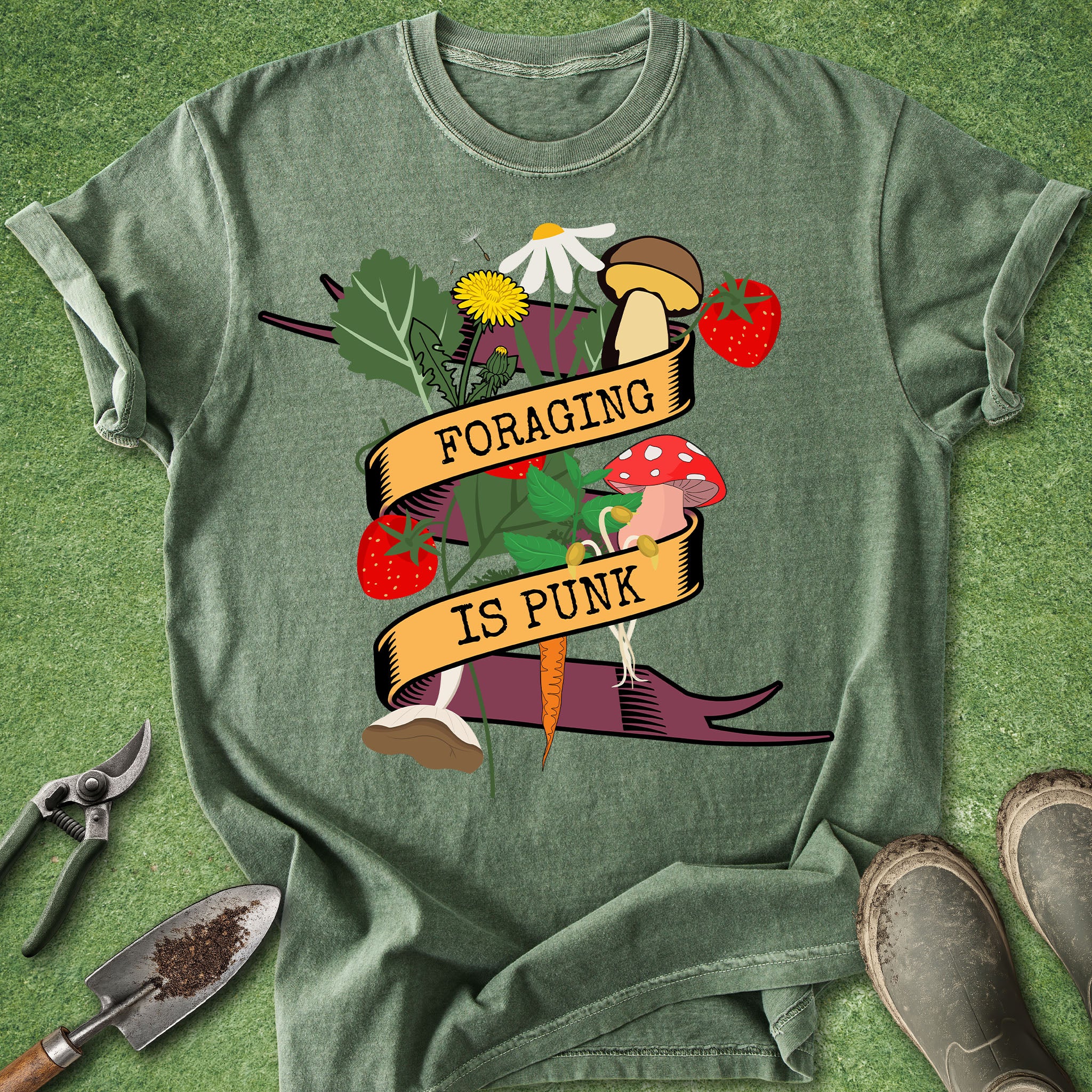 Green t-shirt with 'Foraging is Punk' graphic on a green background