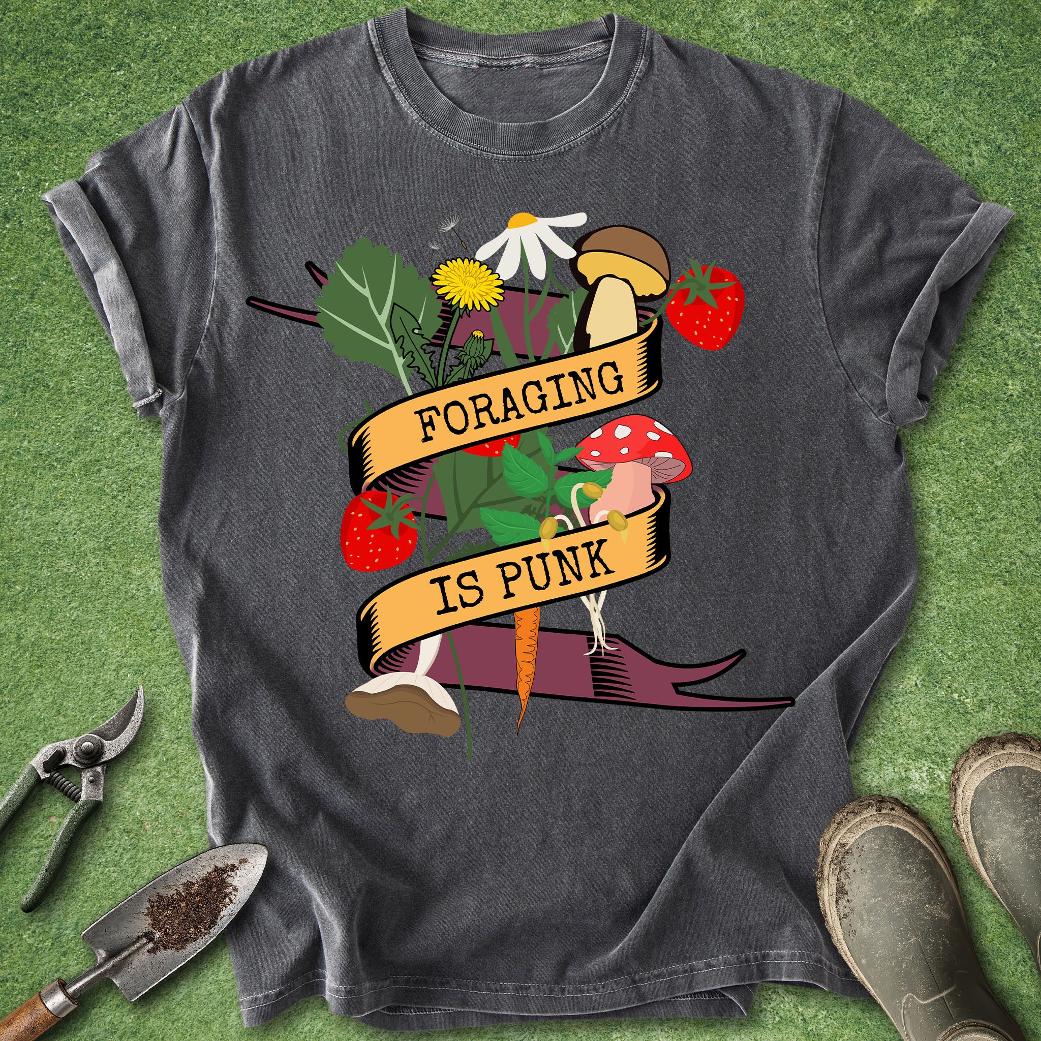 Gray t-shirt with 'Foraging is Punk' graphic on a green grass background
