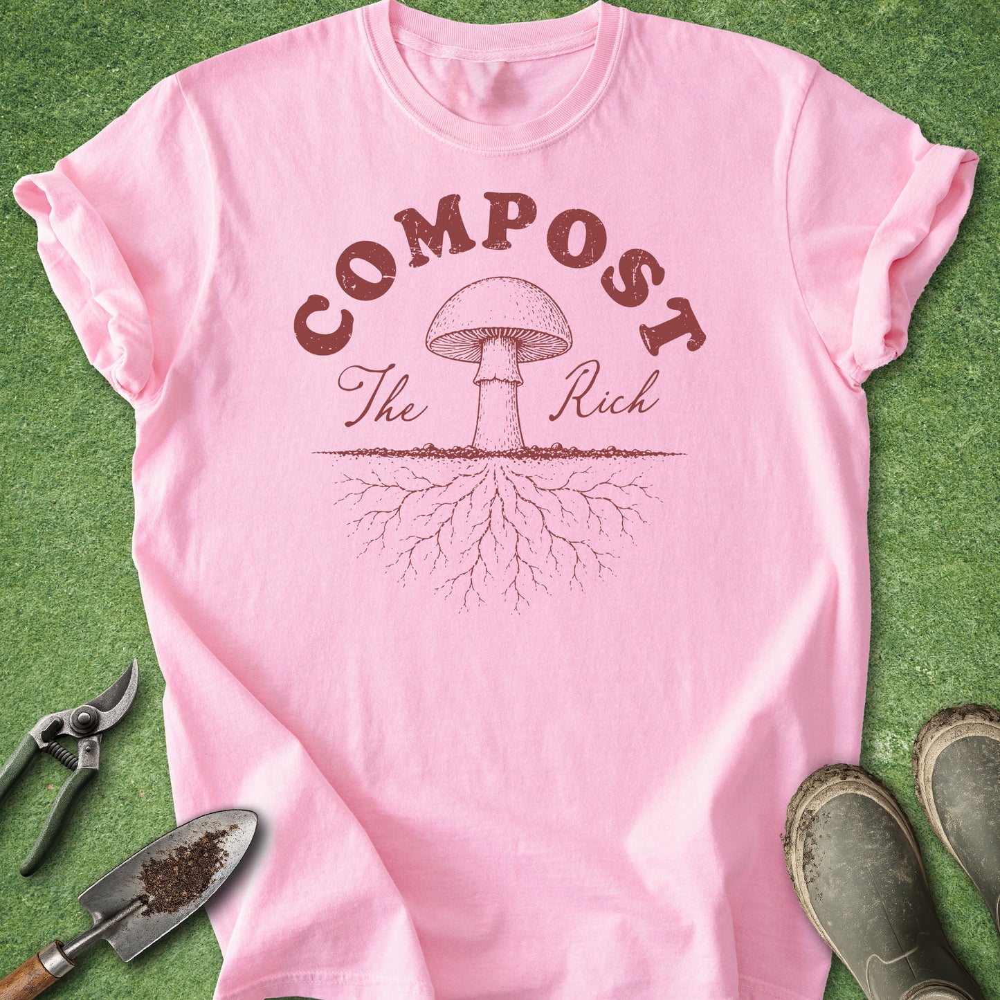 mushroom graphic shirt with compost the rich phrase
