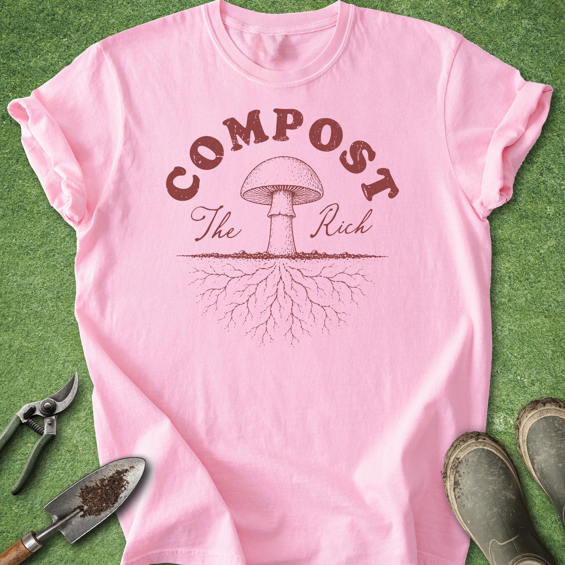 mushroom graphic shirt with compost the rich phrase