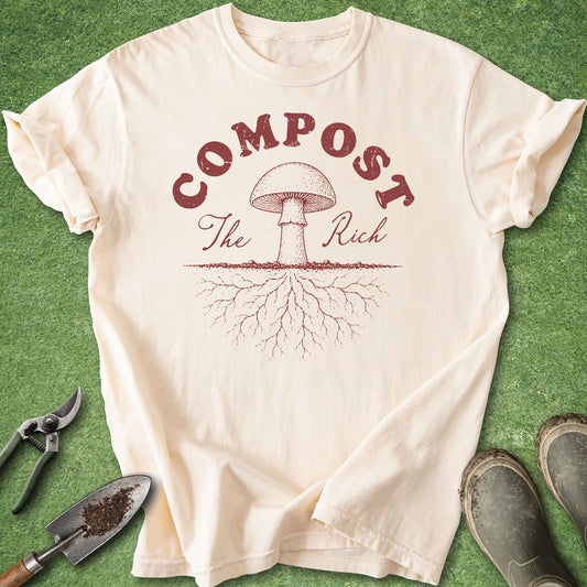 Cream t-shirt with “Compost the Rich” text and vintage mushroom roots illustration