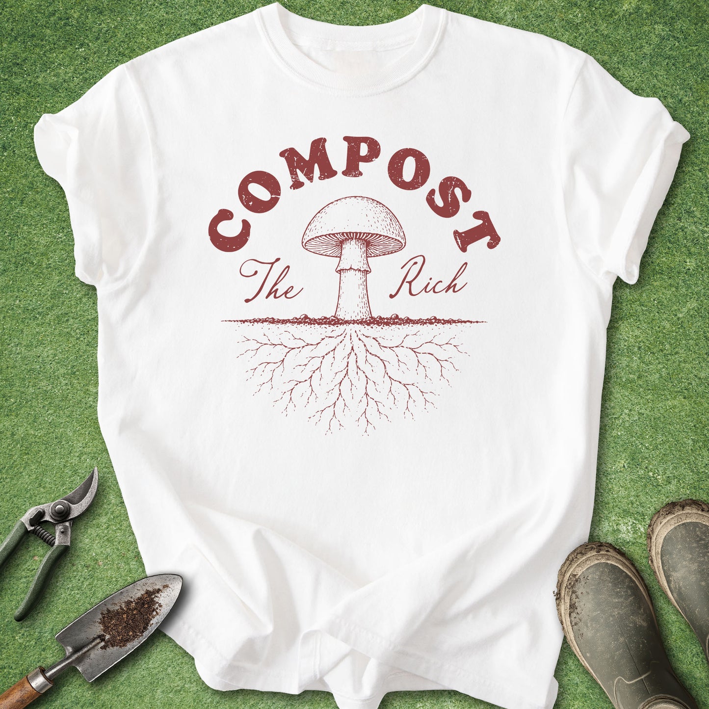 funny gardening shirt with mushroom roots artwork