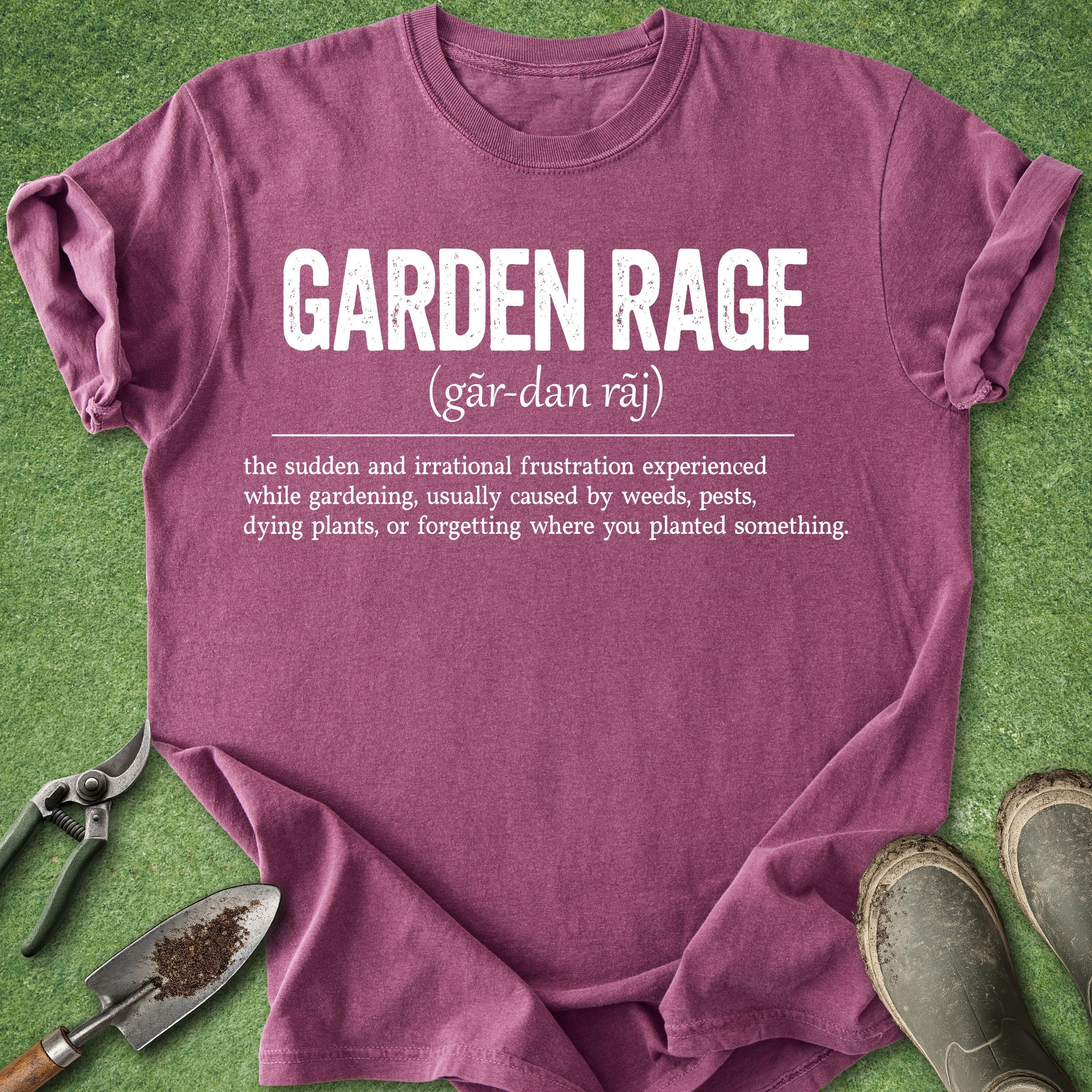 Purple t-shirt with 'Garden Rage' definition on a grass background