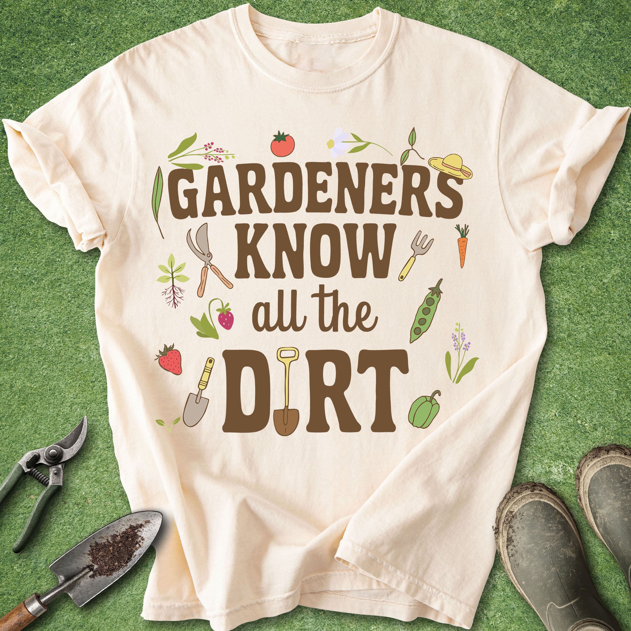 gardeners know all the dirt funny gardening shirt with plant and tool illustrations garden lover tee