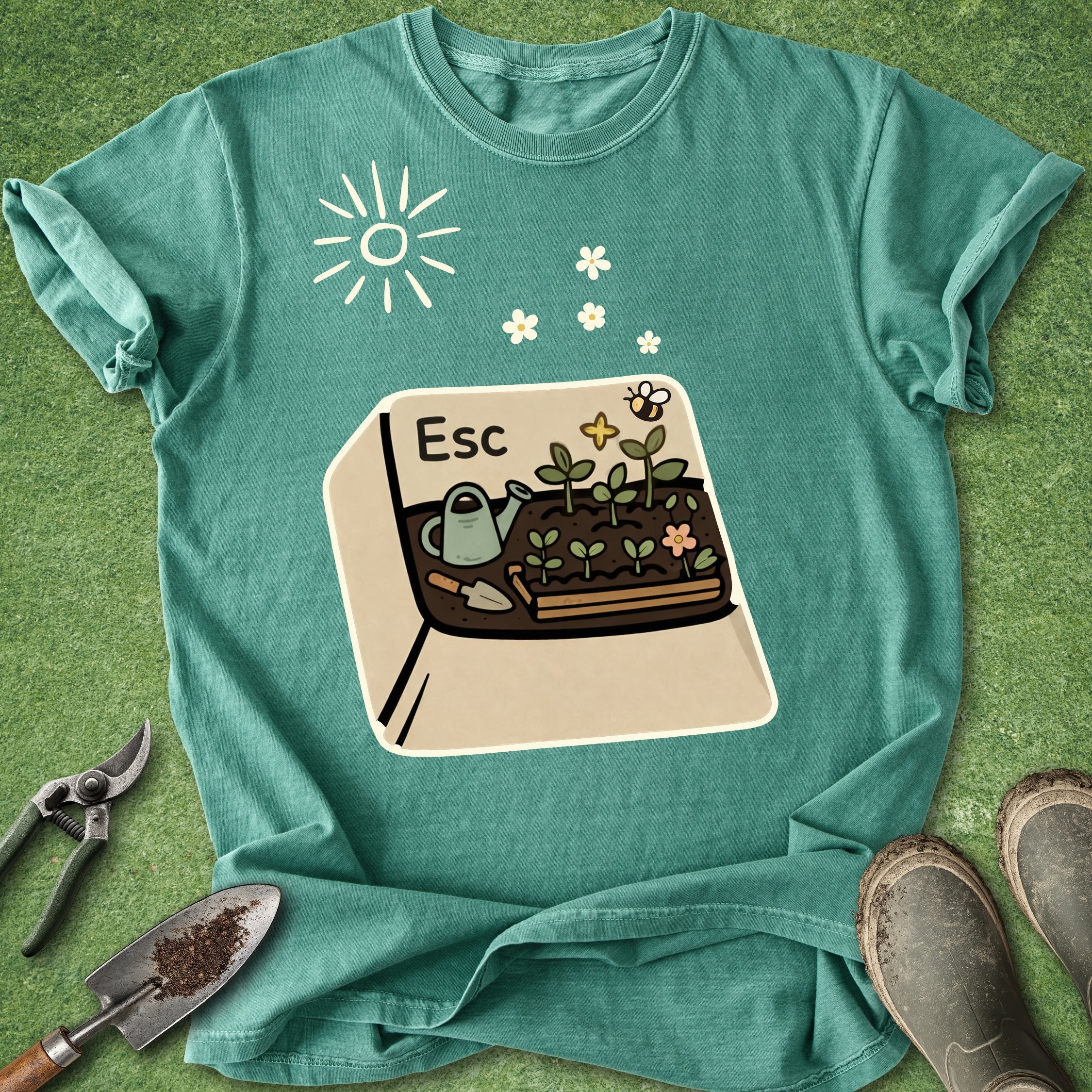 Teal t-shirt with a gardening graphic and 'Esc' key on a green background
