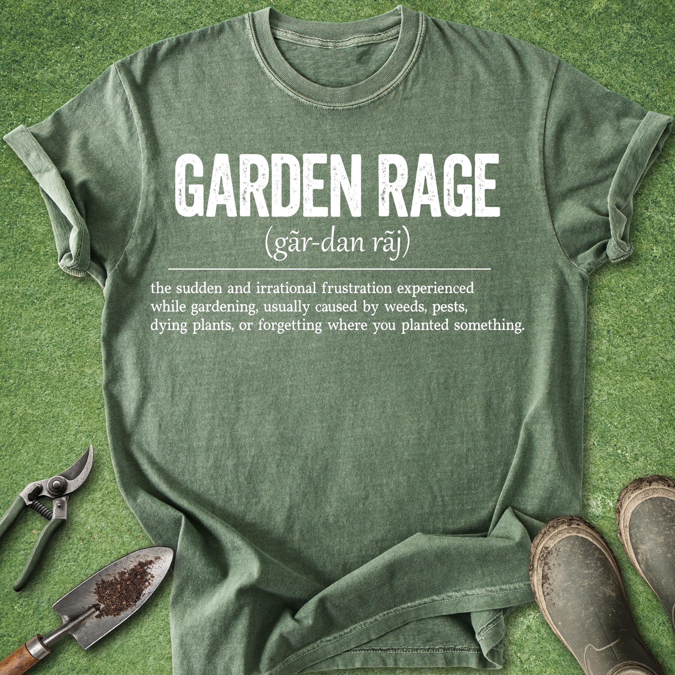 Green t-shirt with 'Garden Rage' definition on a grass background