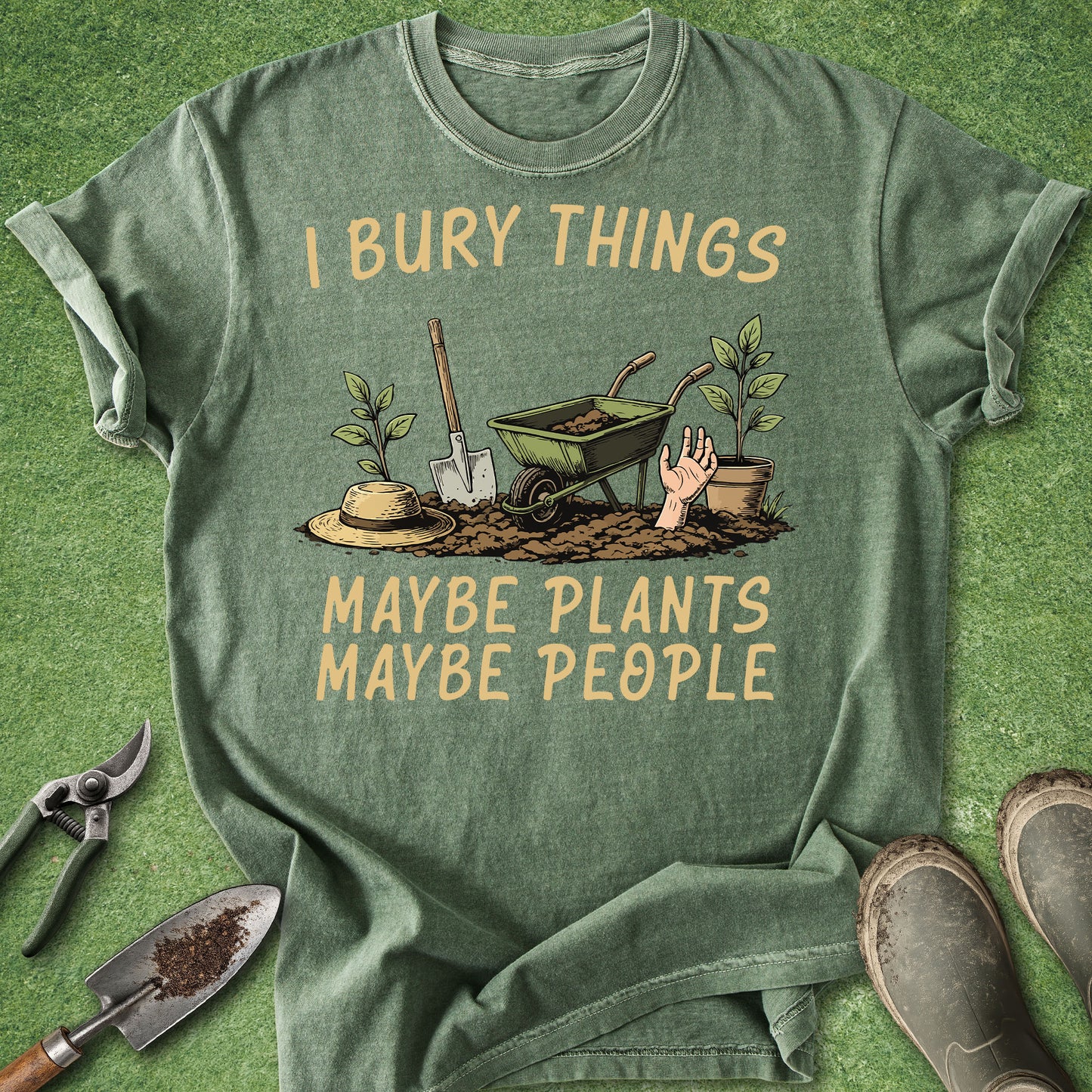 Green t-shirt with gardening graphic and text on a green background