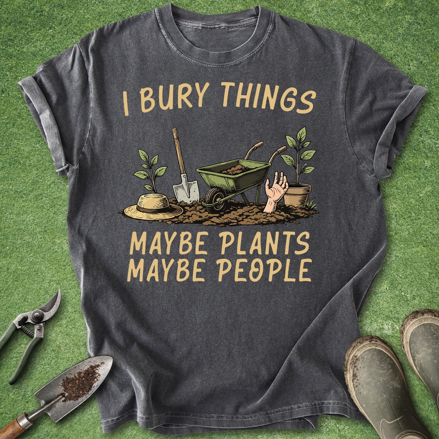 Gray t-shirt with gardening graphic and text on a green background