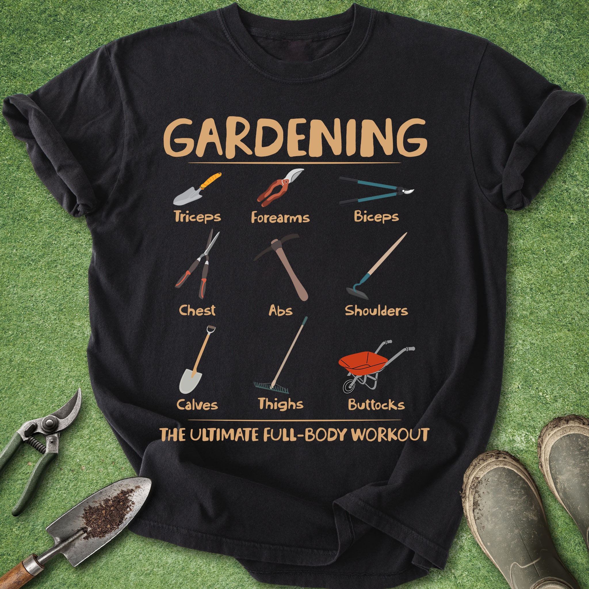 funny gardening workout shirt garden tools muscle groups full body workout gardener humor t shirt
