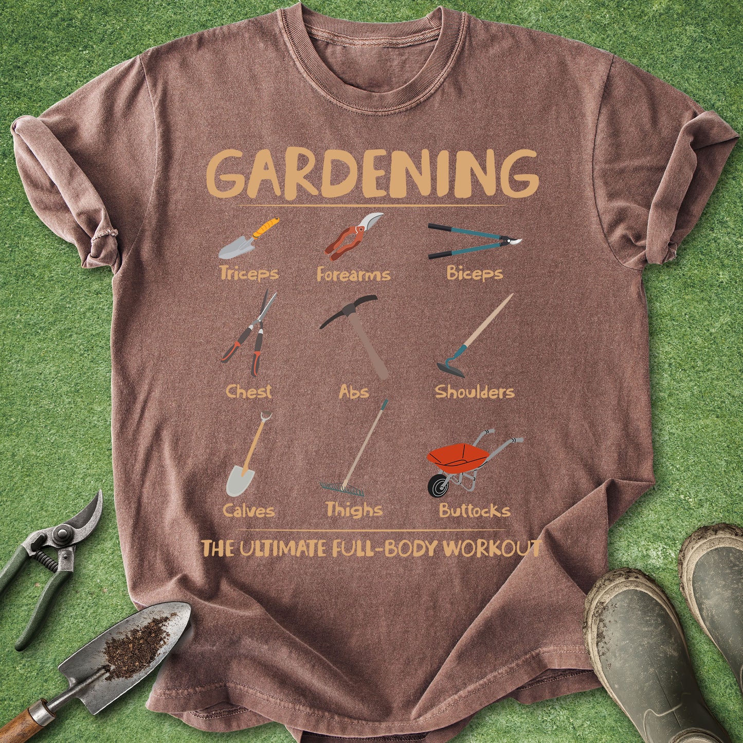 Brown t-shirt with gardening tool illustrations on a green grass background