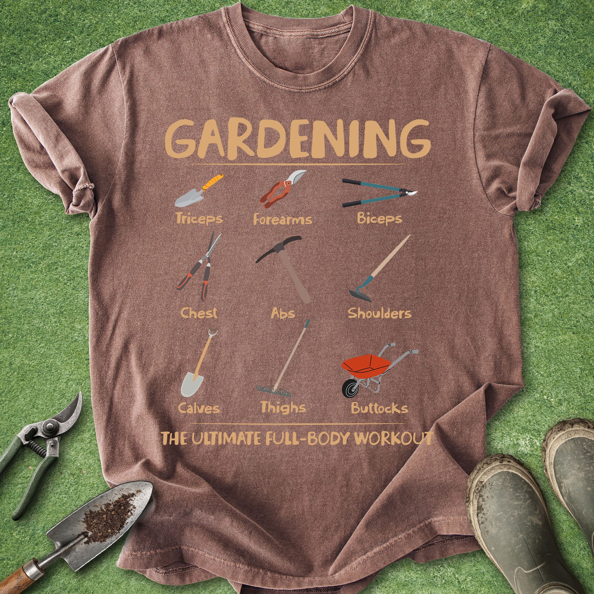 Brown t-shirt with gardening tool illustrations on a green grass background