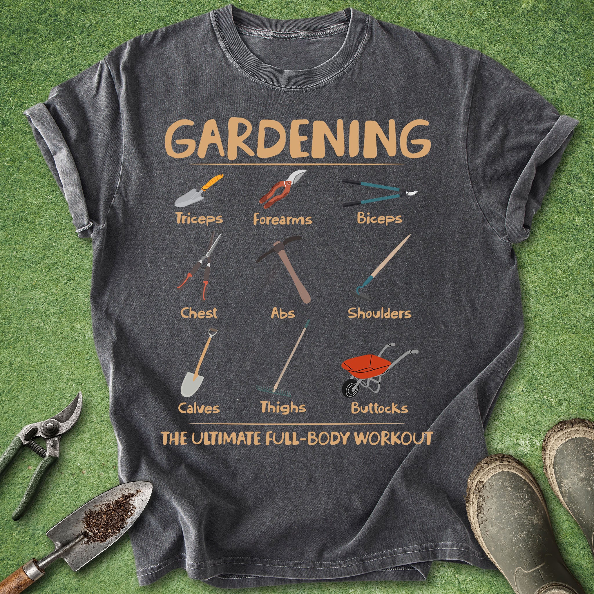 Gray t-shirt with gardening-themed design on a grass background
