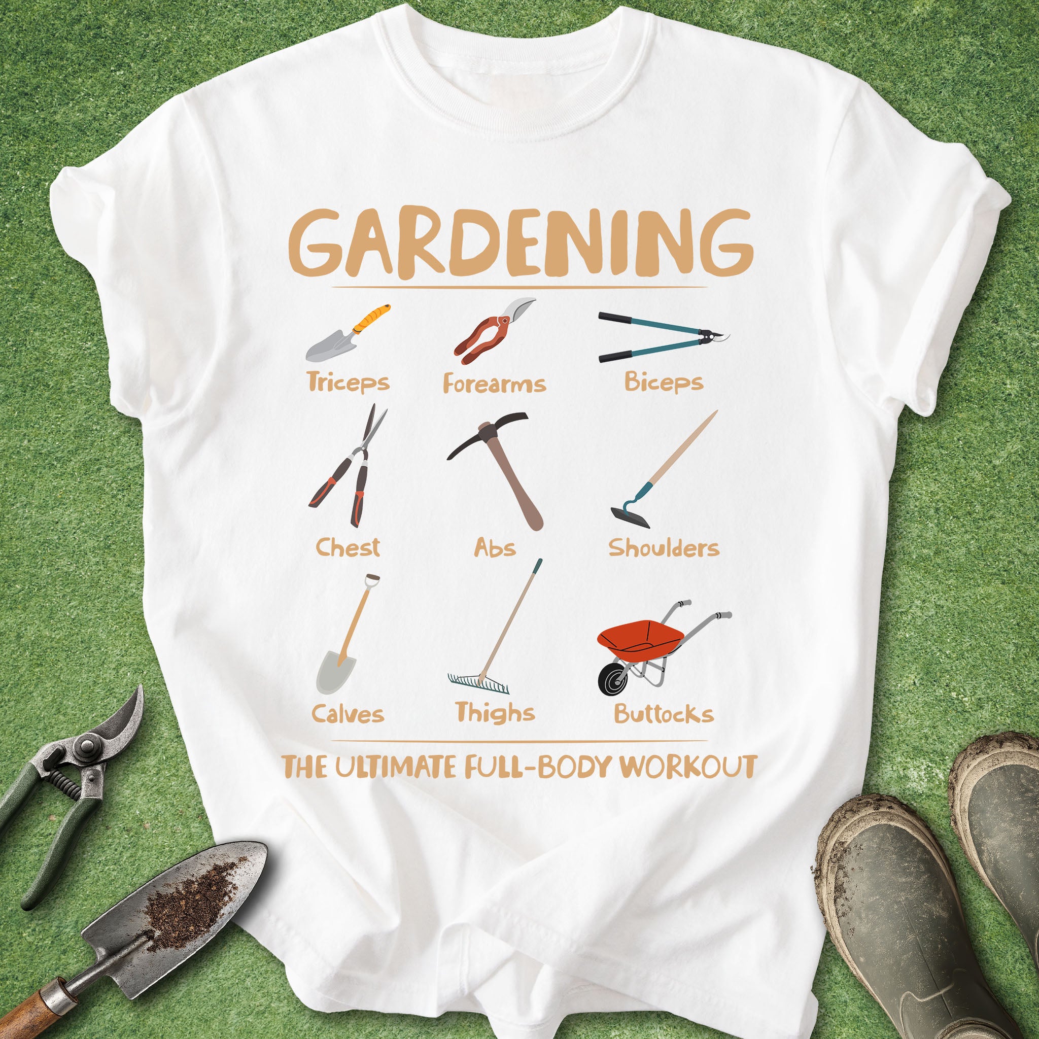White t-shirt with gardening-themed design on a green background