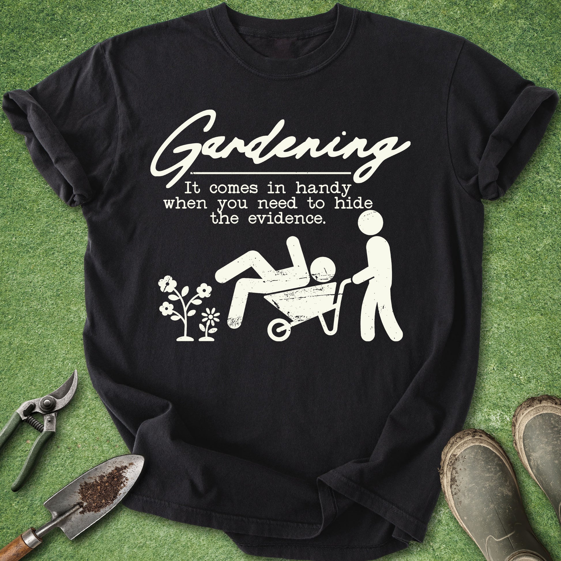 Black t-shirt with white graphic and text on a green background