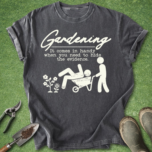 Funny gardening t-shirt with wheelbarrow graphic and quote about gardening hiding the evidence on gray shirt