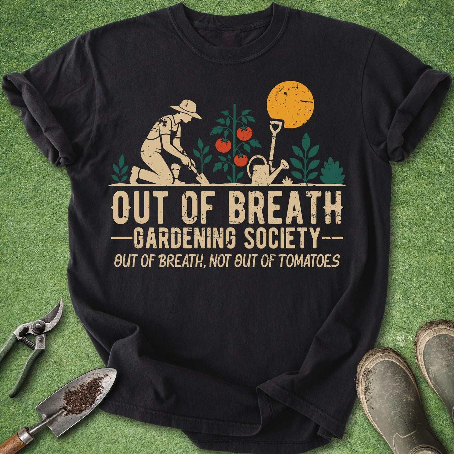 Black t-shirt with “Out of Breath Gardening Society” tomato gardening graphic design