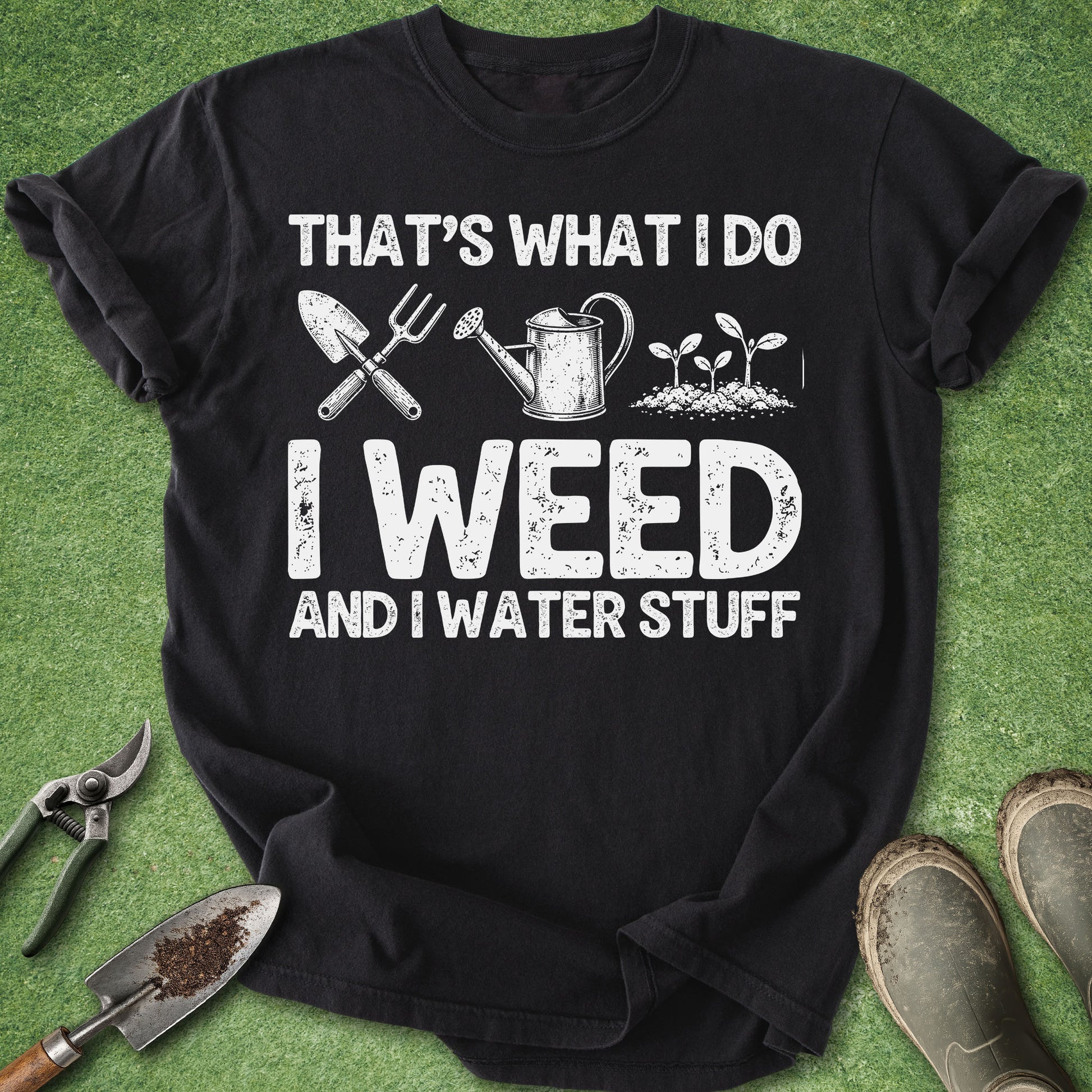 A black short-sleeve graphic T-shirt laid flat on green grass-like background, with white text reading 'THAT'S WHAT I DO I WEED AND I WATER STUFF' and small gardening tool and plant illustrations. Gardening props and boots are placed around the shirt.